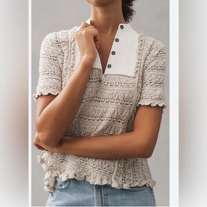 Anthropologie Cream Knit Blouse with Button Detail